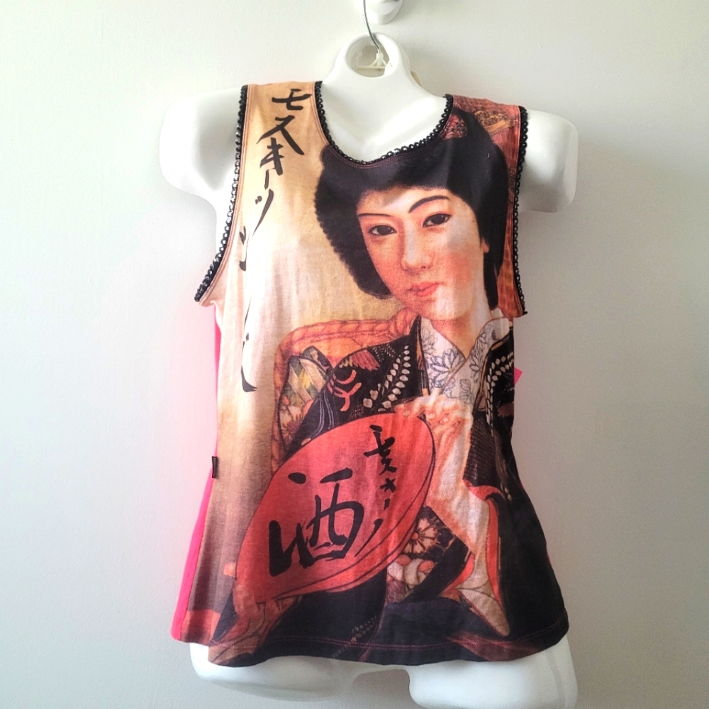 Vintage y2k "Moschino" Geisha print / Red tank top. Deadstock. Size: US 14